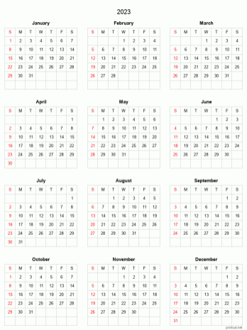 2023 Printable Calendar Full Year Calendar Grid Style 