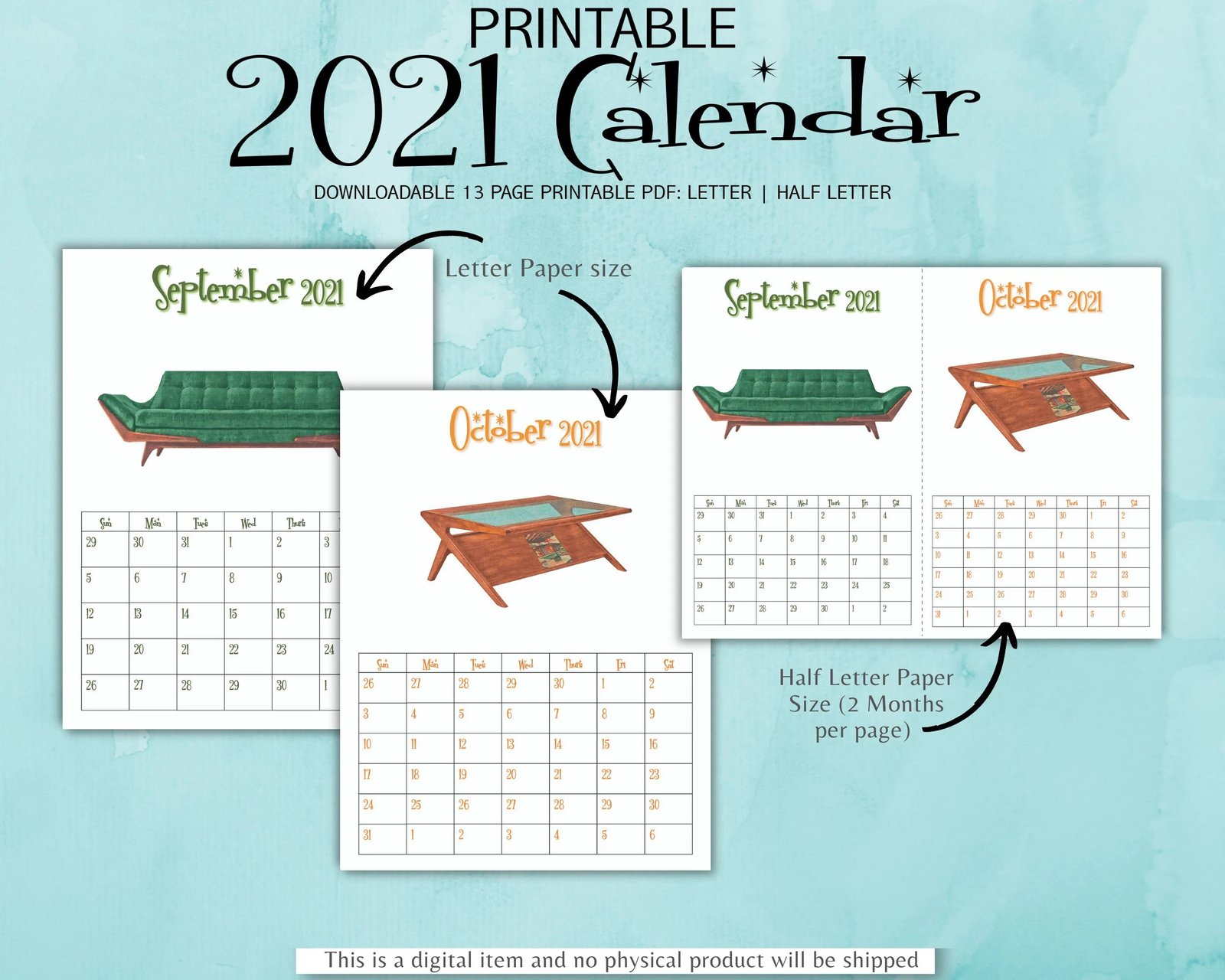 2021 printable calendar planner calendar mid century