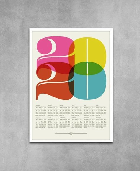 2020 calendar, mid century modern, poster, retro kitchen art, office