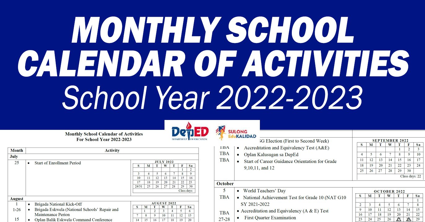 Deped monthly school calendar of activities for school year 2022-2023