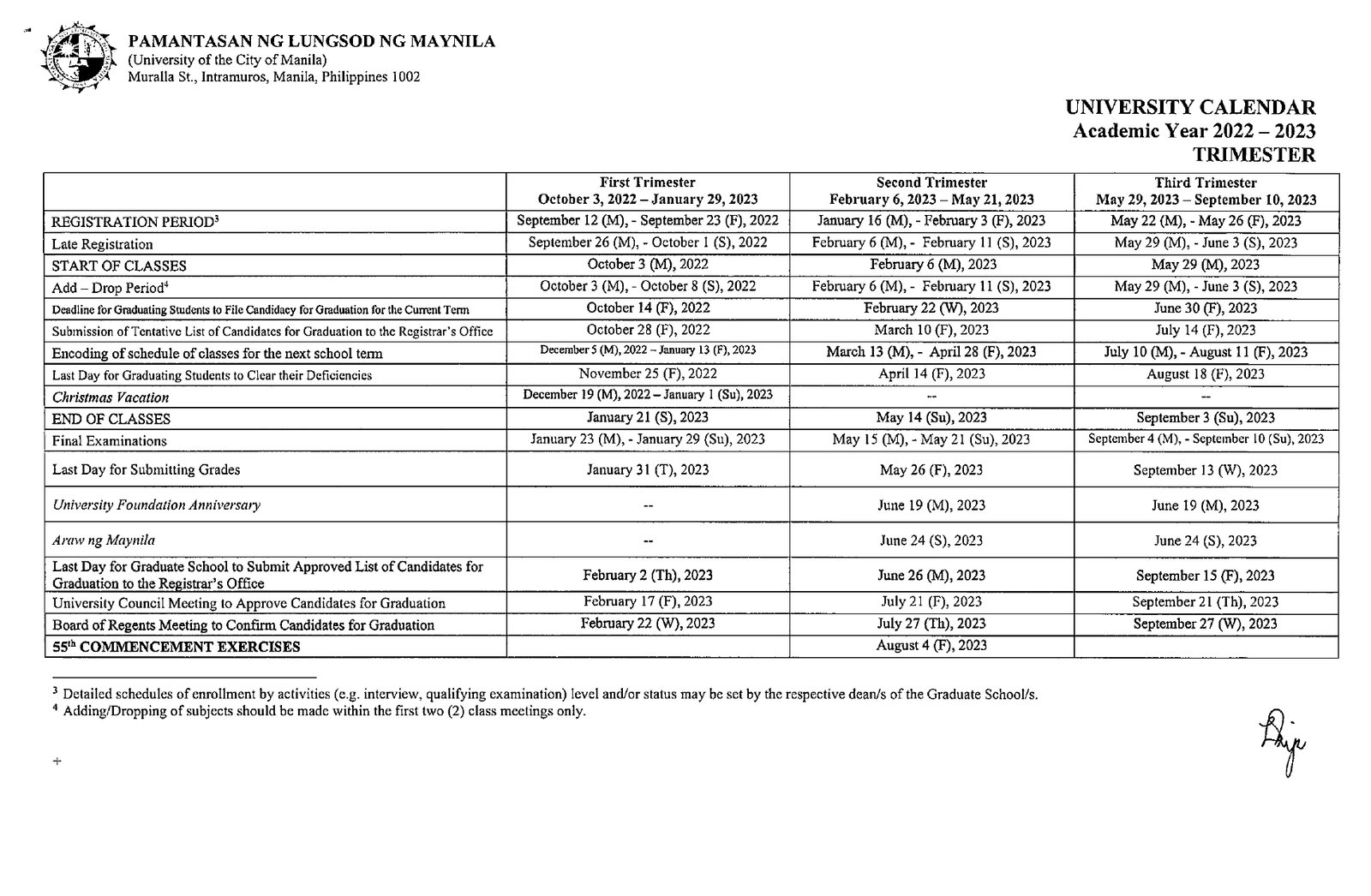 Academic calendar