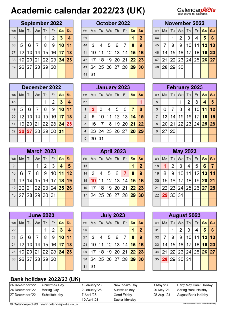 Academic Calendars 2022 23 UK Free Printable Word Templates