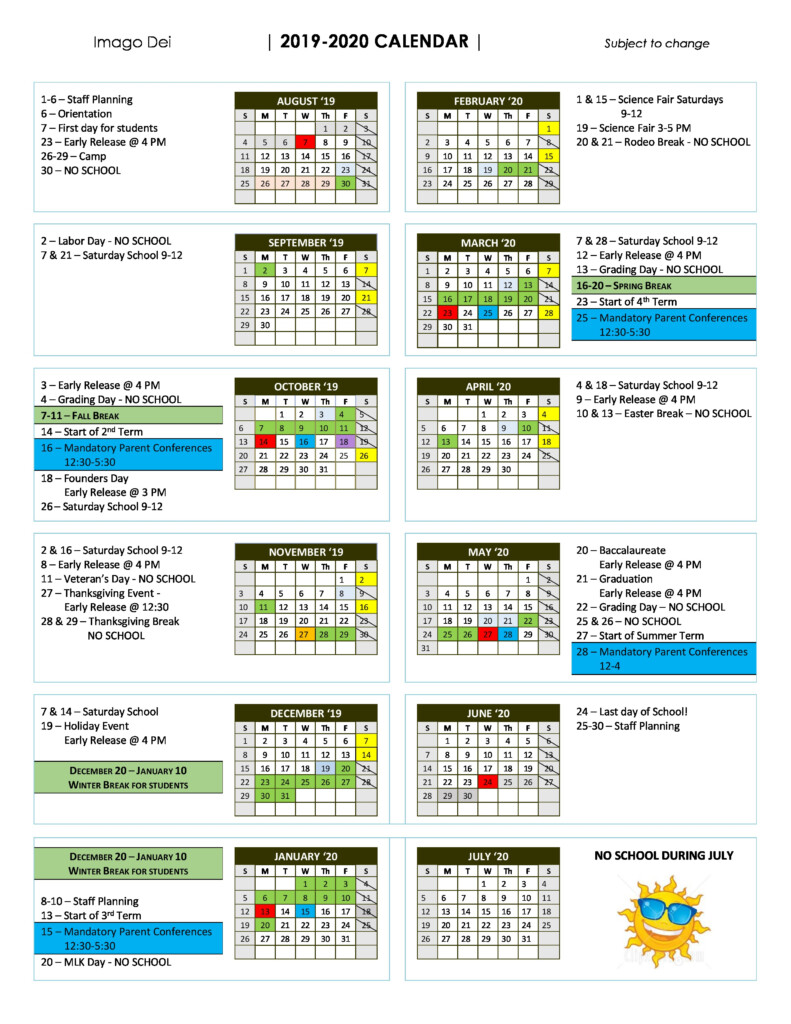 Calendar Imago Dei Middle School