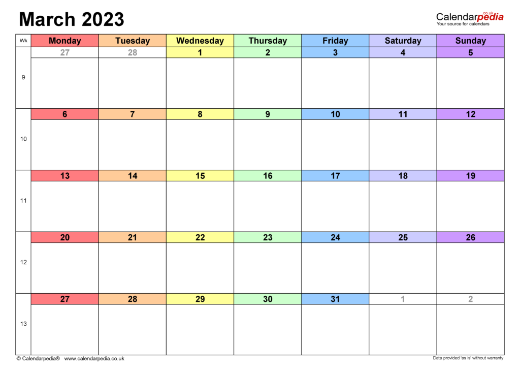Calendar March 2023 UK With Excel Word And PDF Templates
