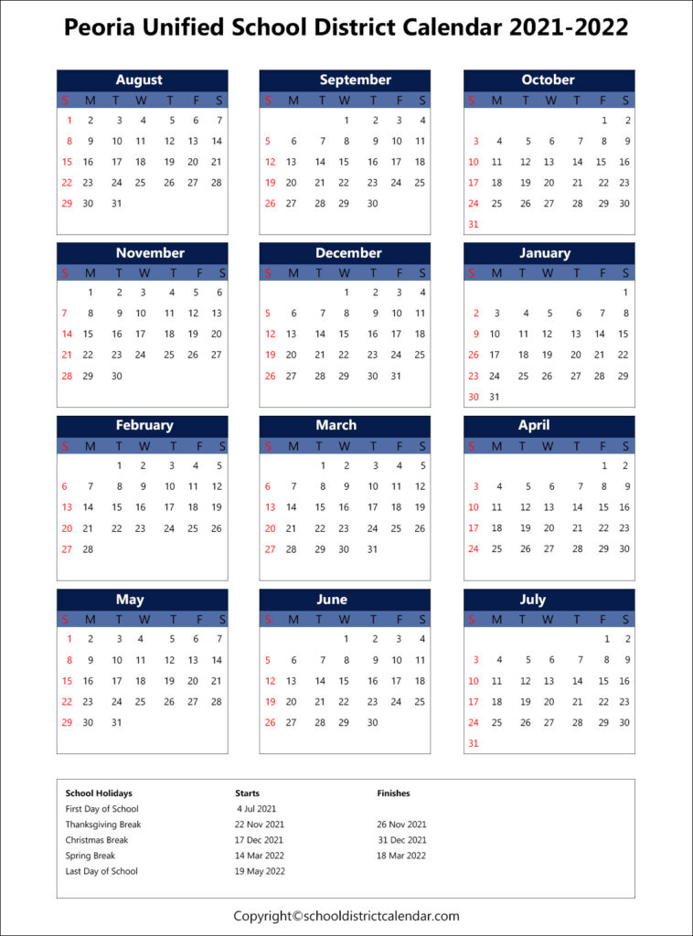 Peoria Unified School District Calendar Holidays 2021 2022