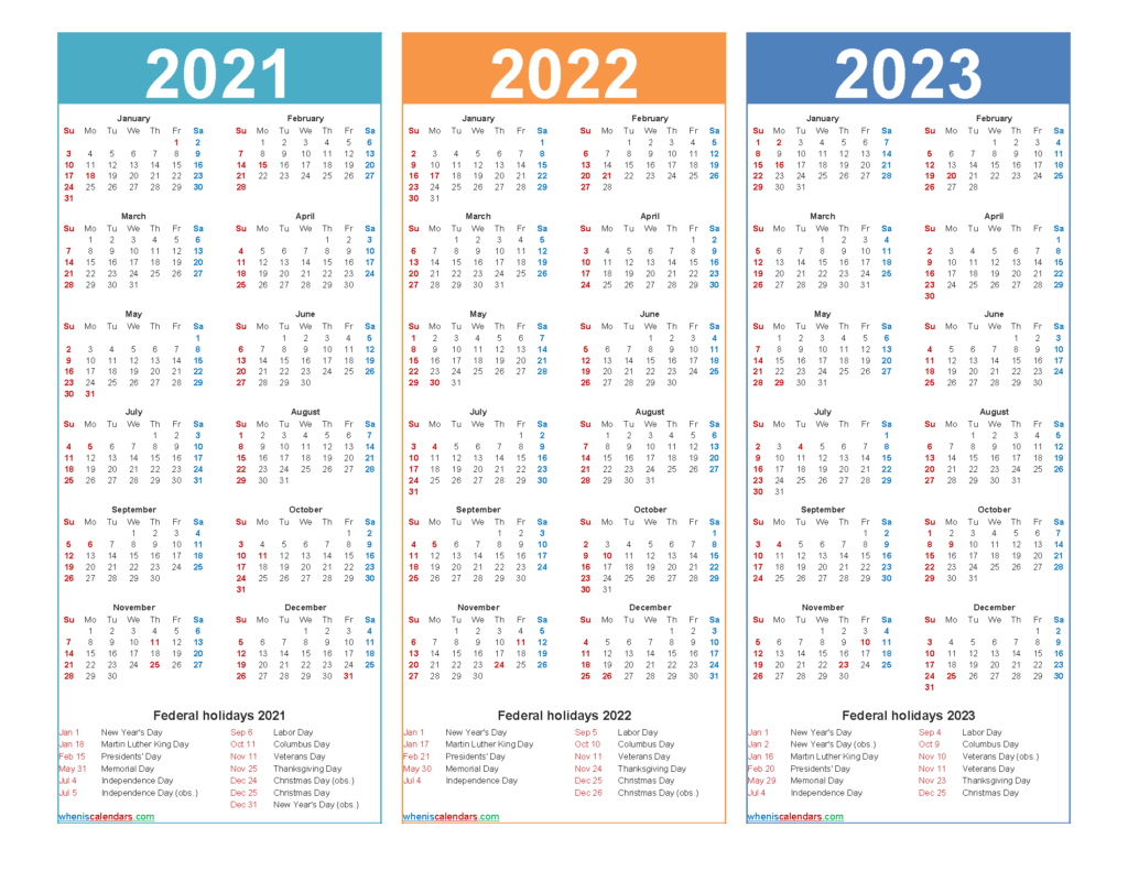 Three Year 2021 To 2023 Calendar Printable Word PDF