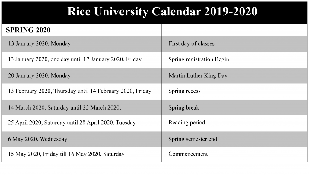 Rice Calendar Spring 2023