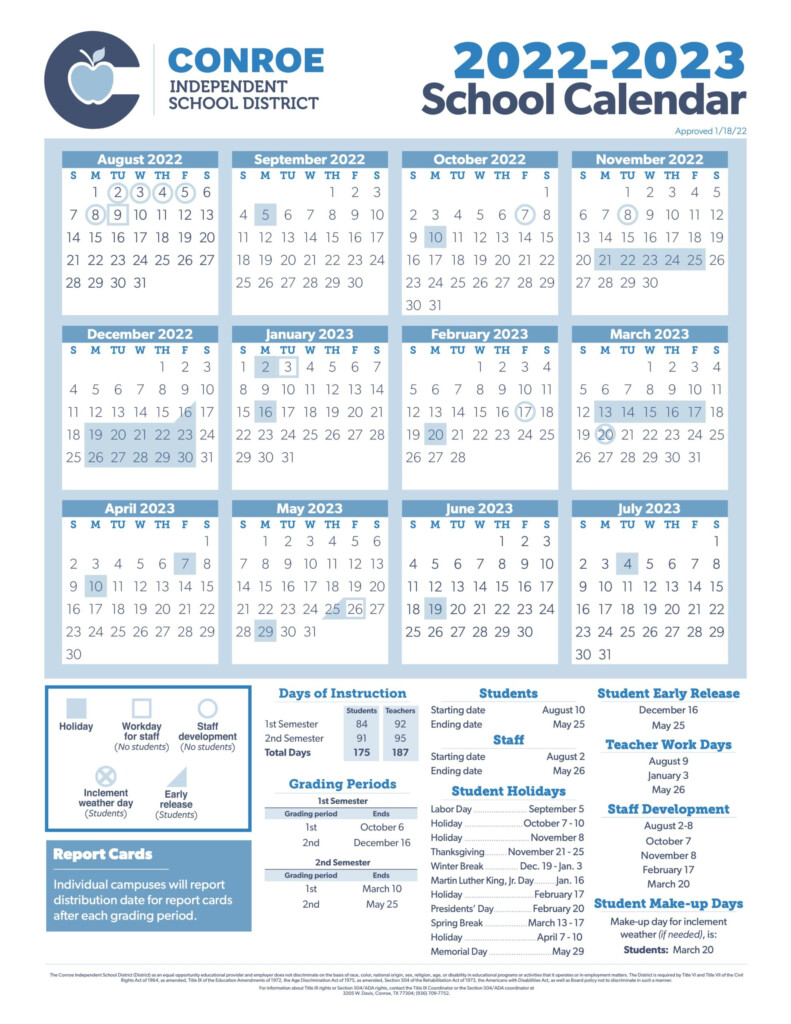 2022 2023 Conroe ISD Independent School District Calendar Hello Woodlands