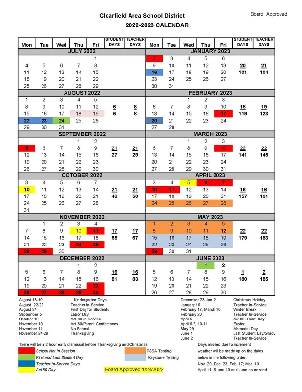 2022 2023 School Calendar Clearfield Area School District