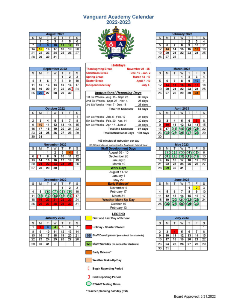 2022 2023 School Calendar District Calendar Vanguard Academy 