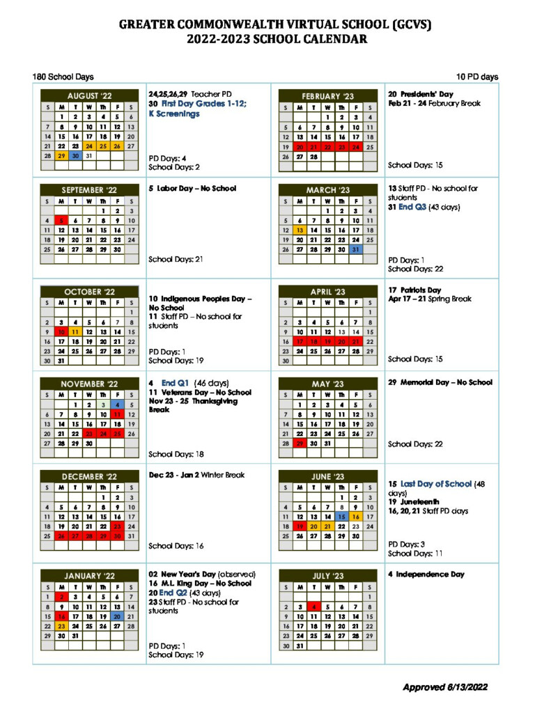 2022 2023 School Calendar Greater Commonwealth Virtual School