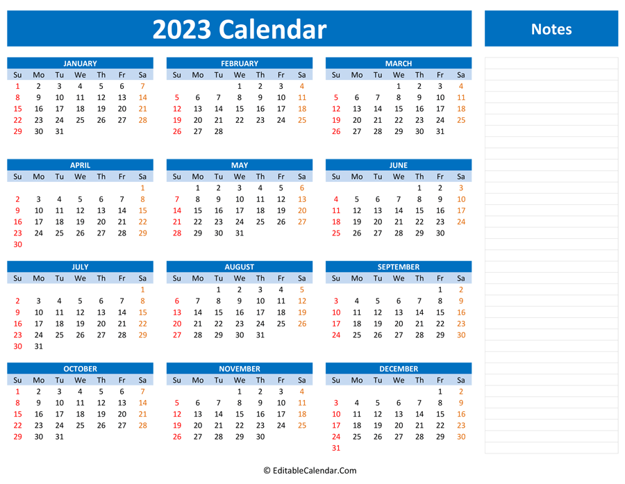 2023 Printable Calendar With Notes