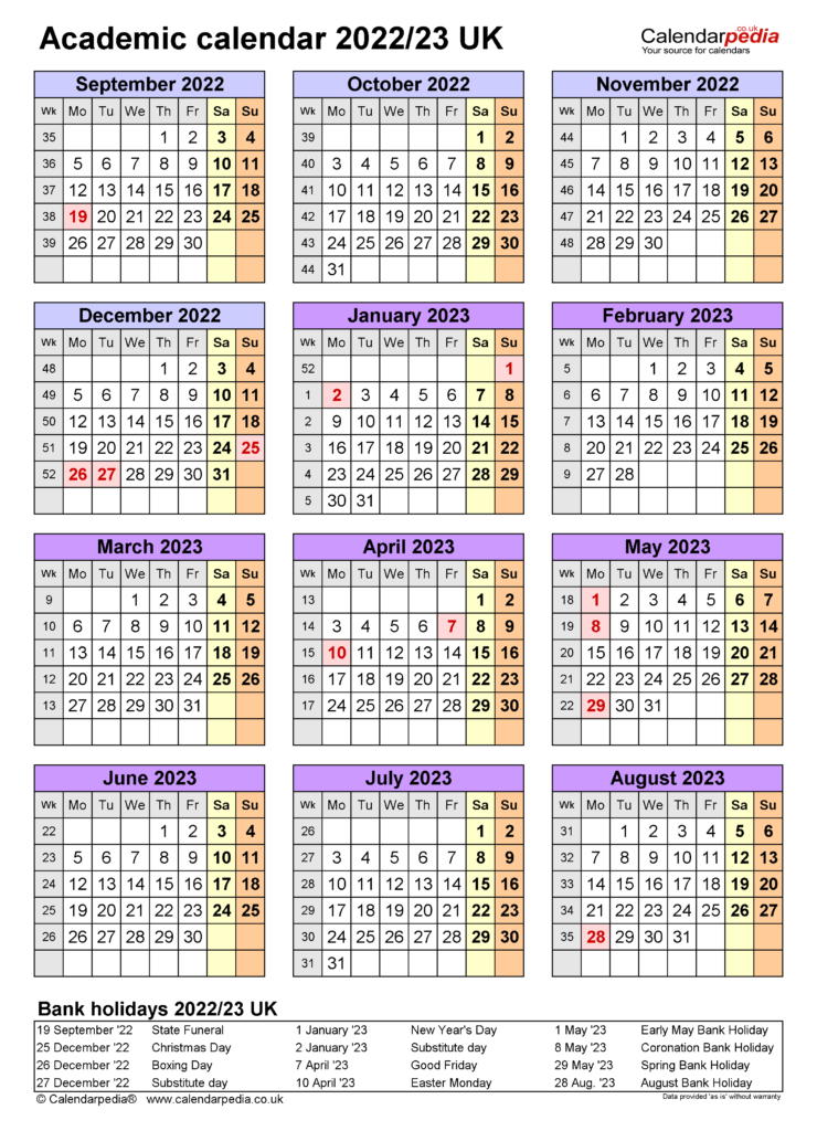 Academic Calendars 2022 23 UK Free Printable Word Templates