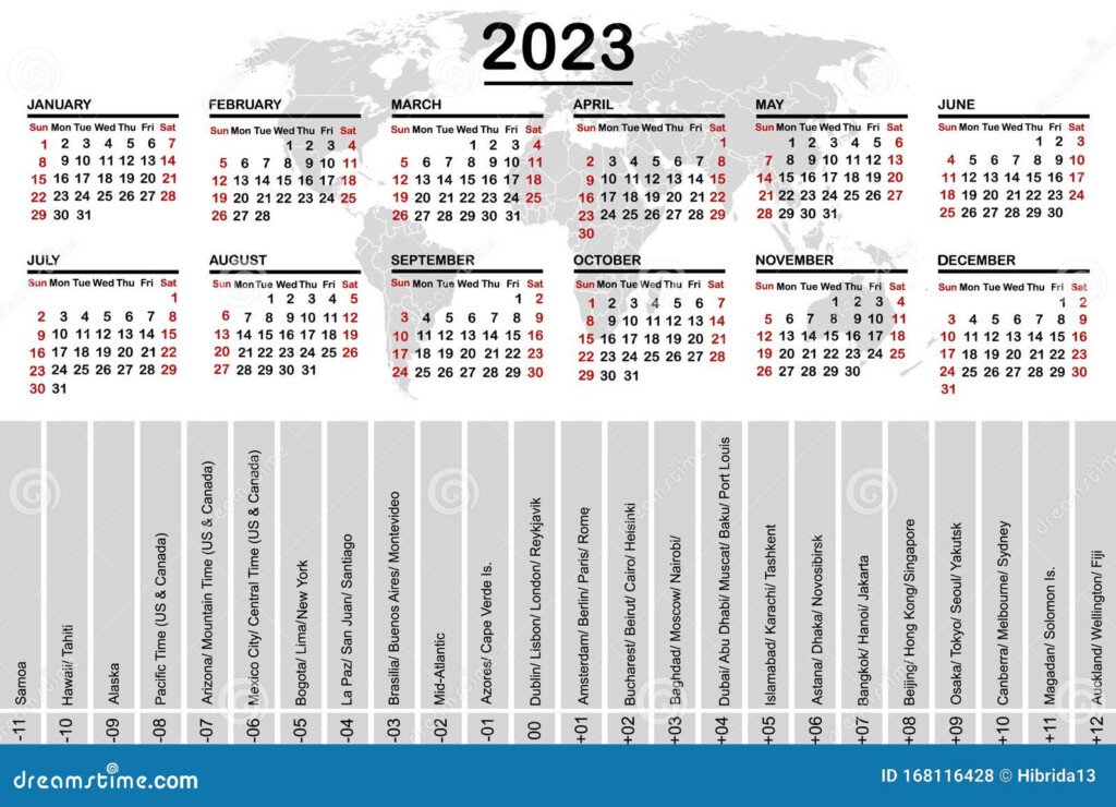 Calendario De 2023 Con Mapa Mundial Y Zonas Horarias Ilustraci n Del 