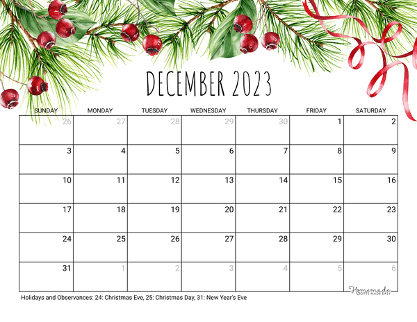 December 2023 2024 Calendar Free Printable With Holidays