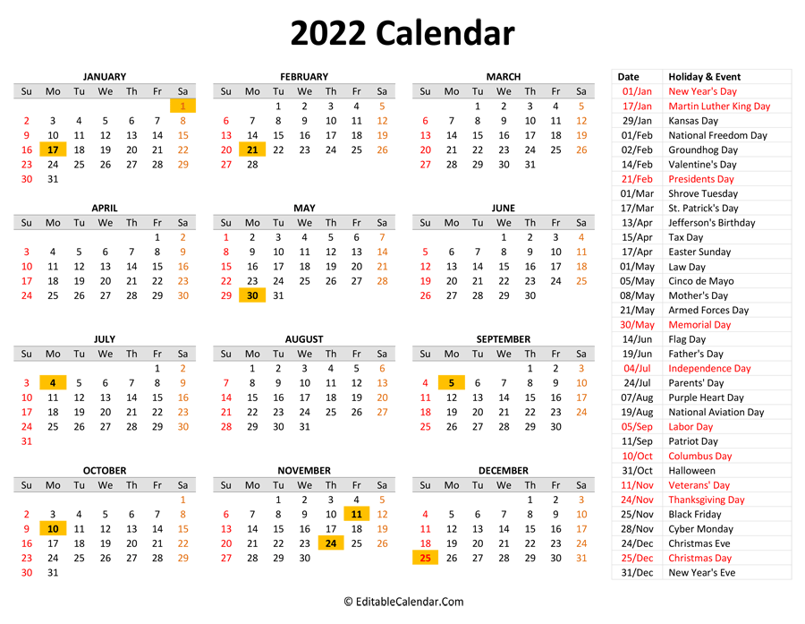 Federal Holidays 2022 Calendar With Holidays Printable Free Letter 