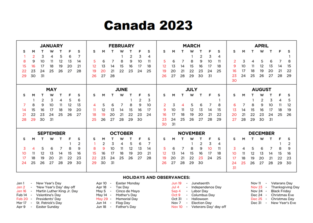 Free Canada 2023 Calendar Printable With Holidays PDF 