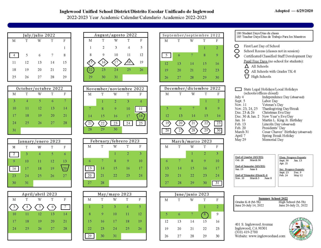 Inglewood Unified School District Calendar 2022 And 2023 