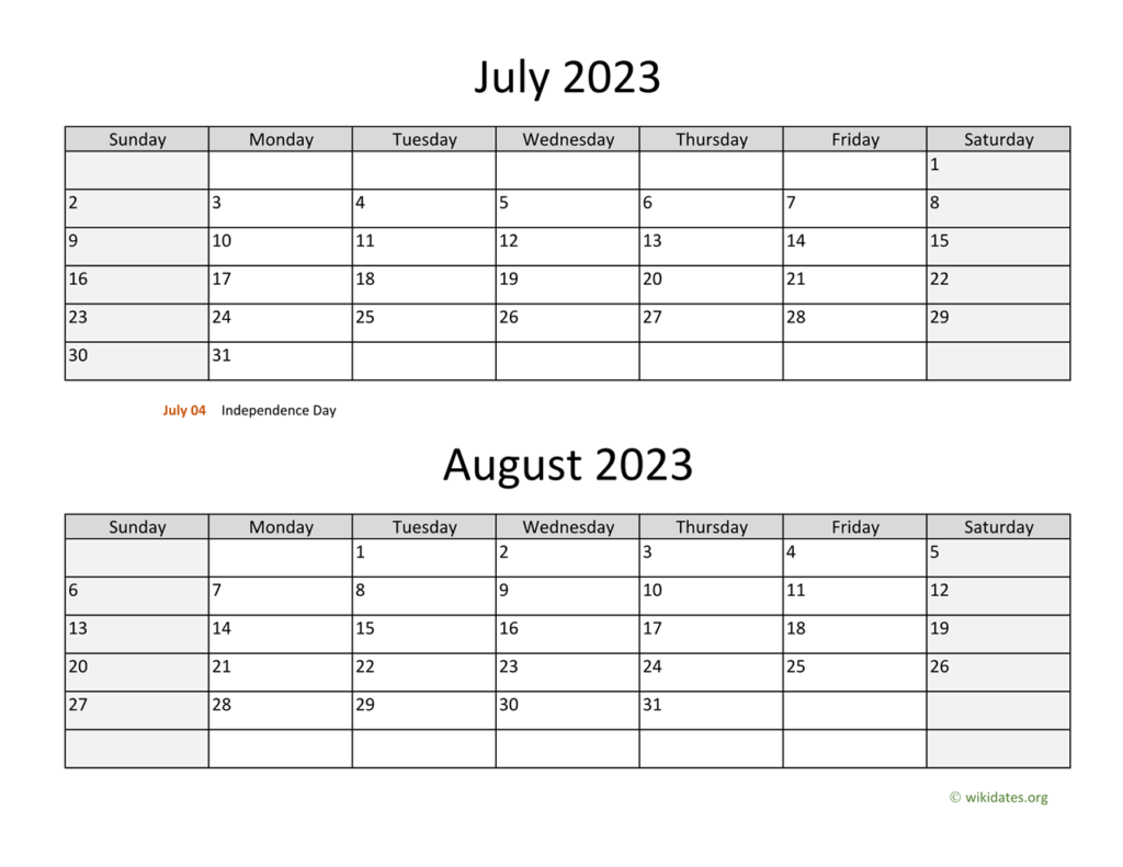 July And August 2023 Calendar WikiDates