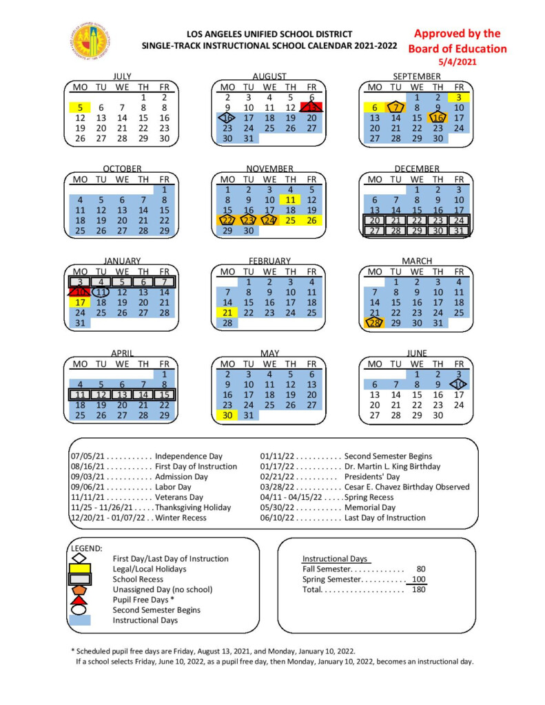 Los Angeles Unified School District Calendar 2021 2022