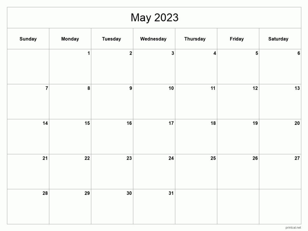 Printable May 2023 Calendar Classic Blank Sheet Gambaran
