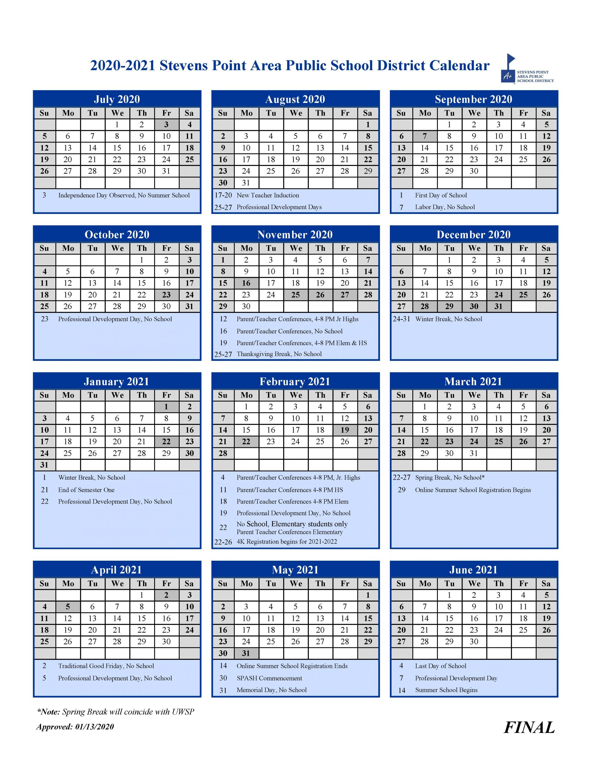 Stevens Point School District Calendar 2021 Printable Calendar 2022 2023