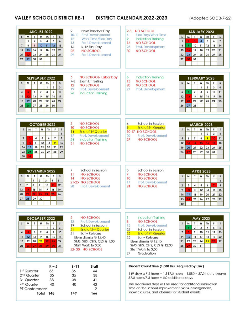 Valley School District RE 1 Calendar 2022 And 2023 PublicHolidays