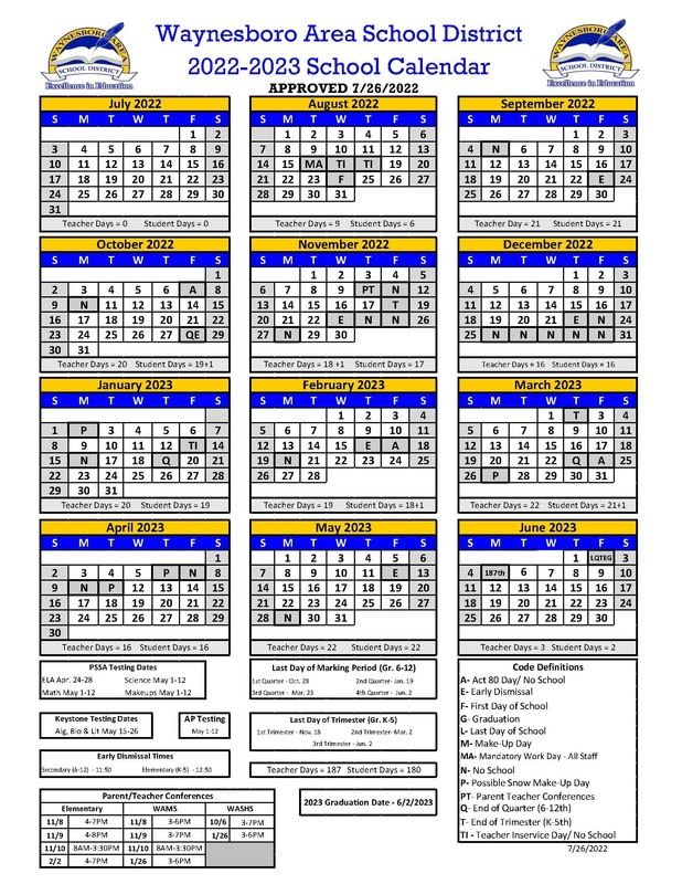 WASD 2022 2023 School Calendar Approved Waynesboro Area School District